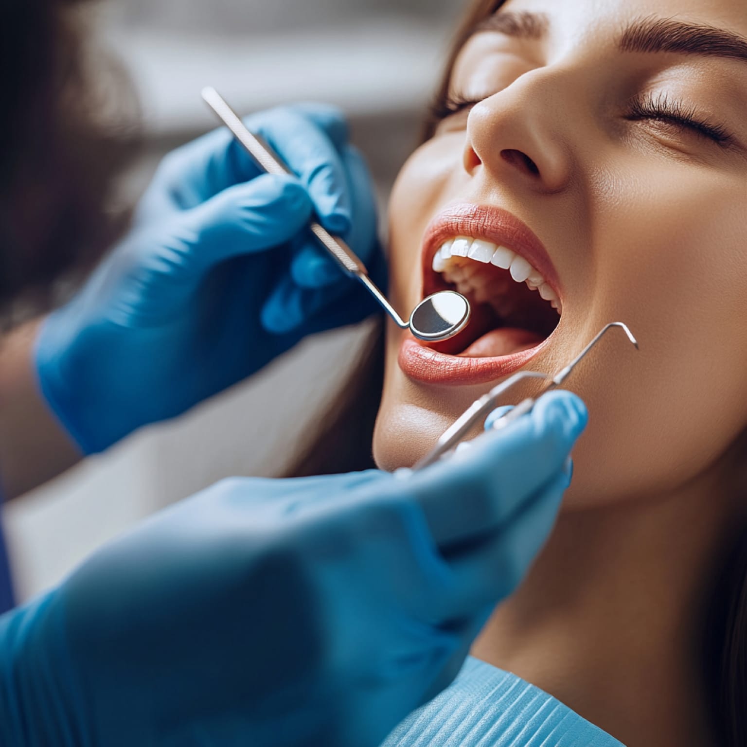 A person receives a dental check-up, mouth open, with blue-gloved hands holding dental tools, ensuring oral health and clean teeth.