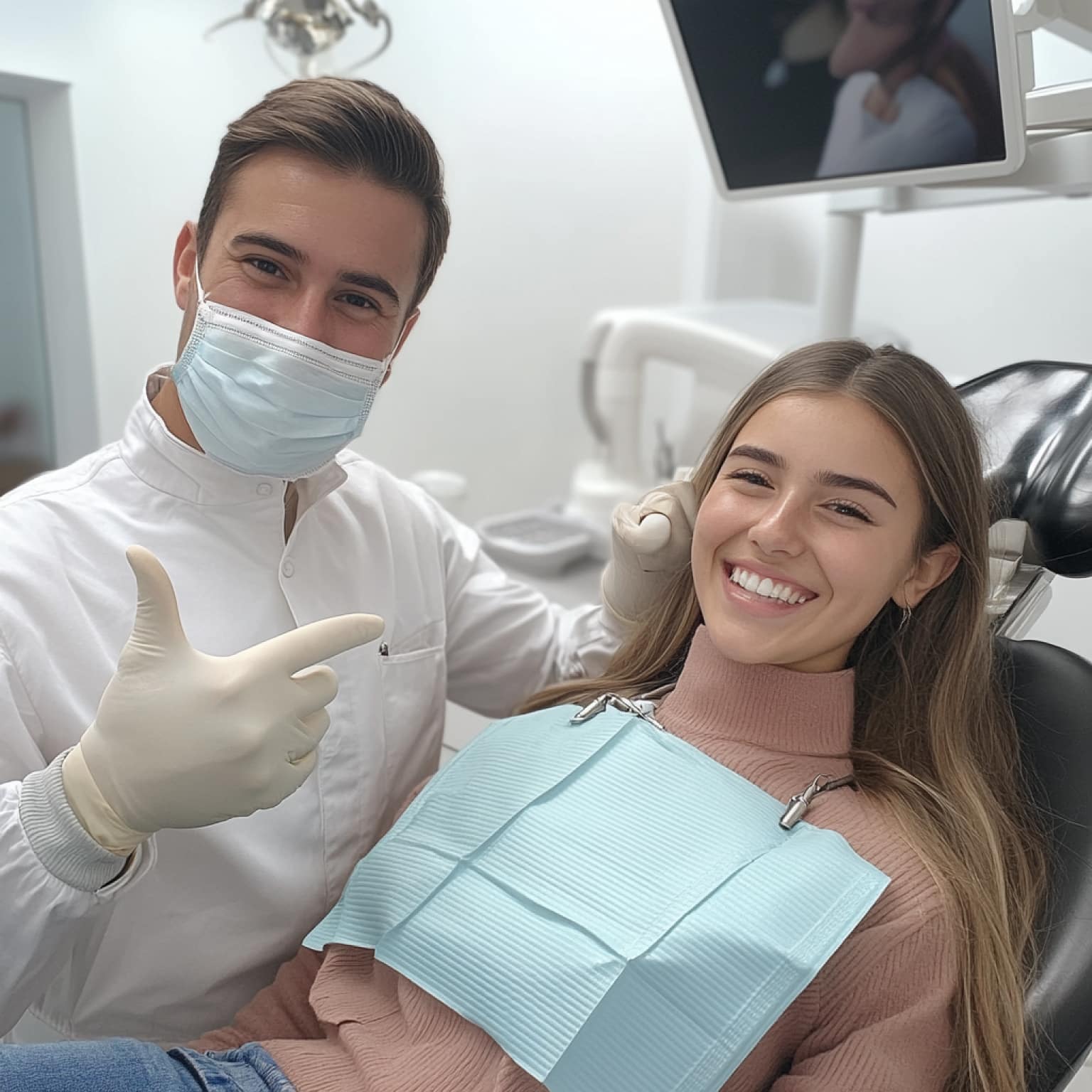 A person in dental clothing and mask poses with a smiling patient in a dental office, showcasing modern equipment and screens.